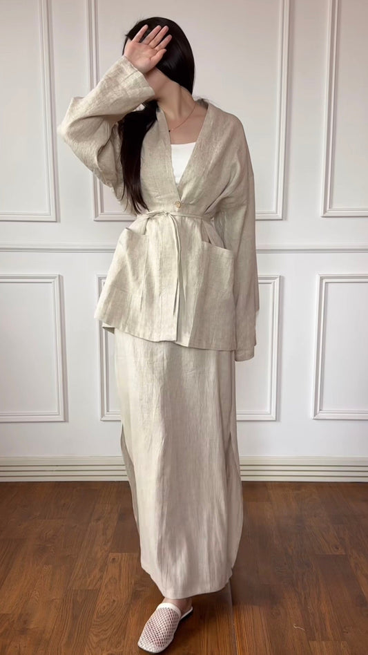 Two-piece suit with belt and patch pockets