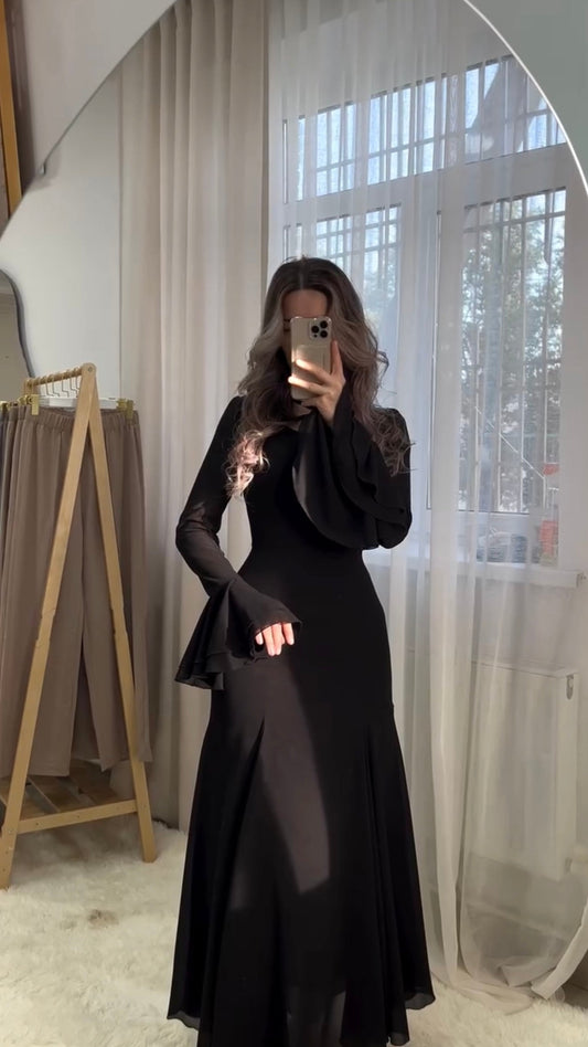 Black maxi dress with flounce sleeves