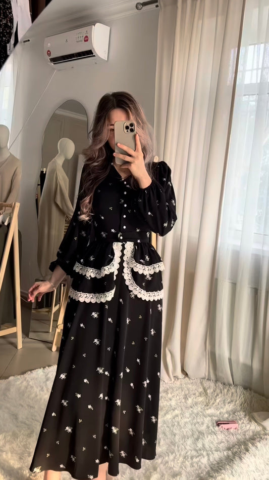 Black dress with crochet lace and floral print