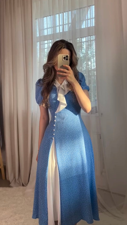 Blue maxi dress with flounce details