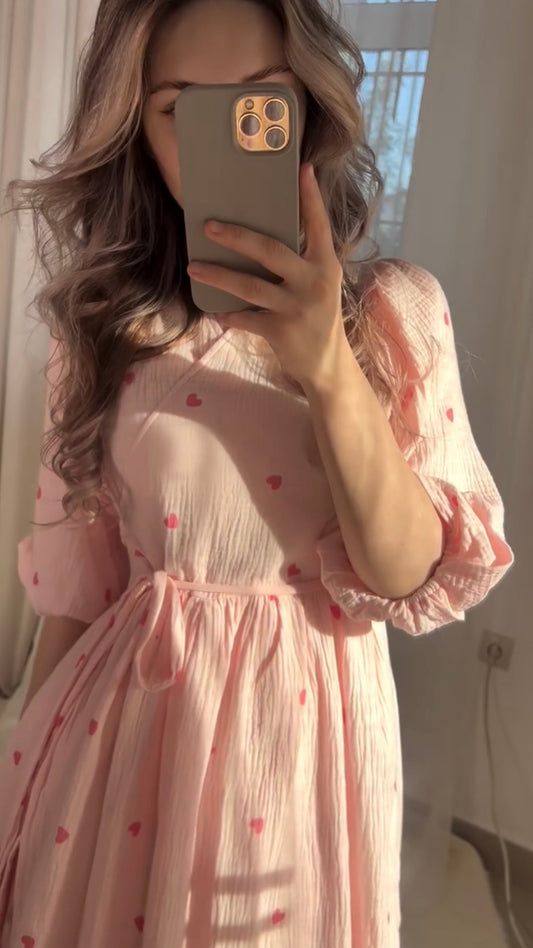 Pink maxi dress with heart print and tie belt