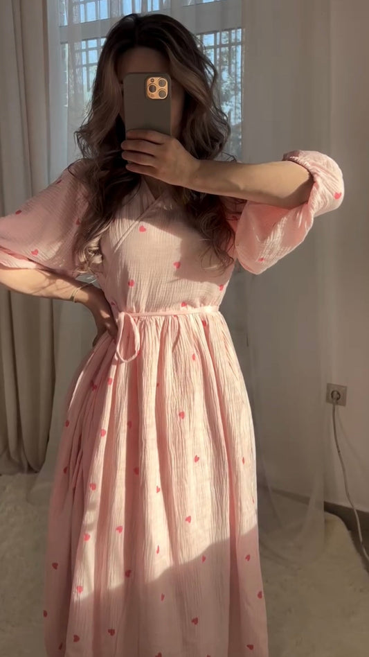 Pink maxi dress with heart print and tie belt