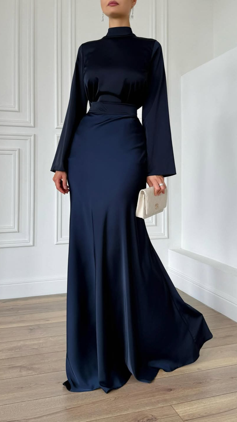 Marinenblaues Satin Maxikleid